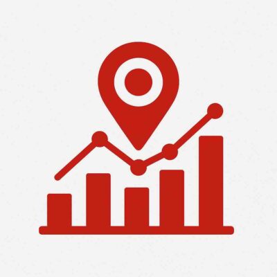 Icône rouge de référencement local avec graphique de performance et géolocalisation sur fond blanc